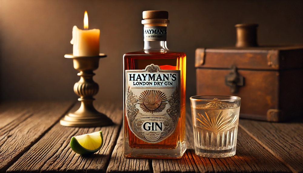 Близький план пляшки Hayman’s London Dry Gin з вінтажним дизайном, розміщеної на сільській дерев'яній поверхні поруч з келихом джину, м'яко освітлений свічками.